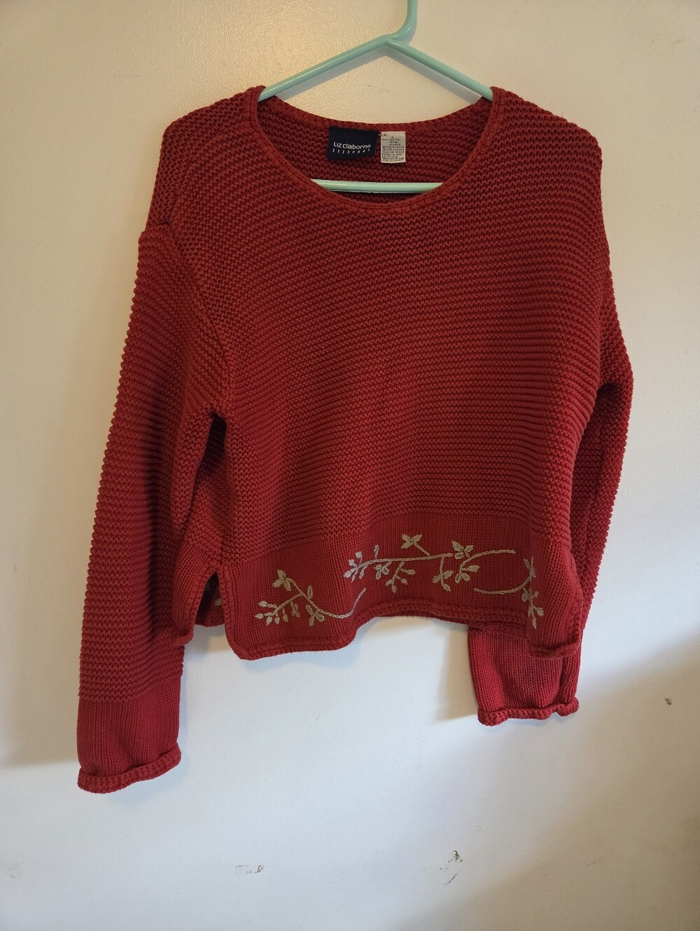 Vintage Liz Claiborne Sport Red Cotton Knit Floral Embroidered Sweater Size L